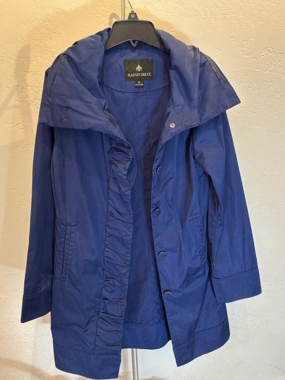 Rain forest thigh length blue rain coat ruffle collar